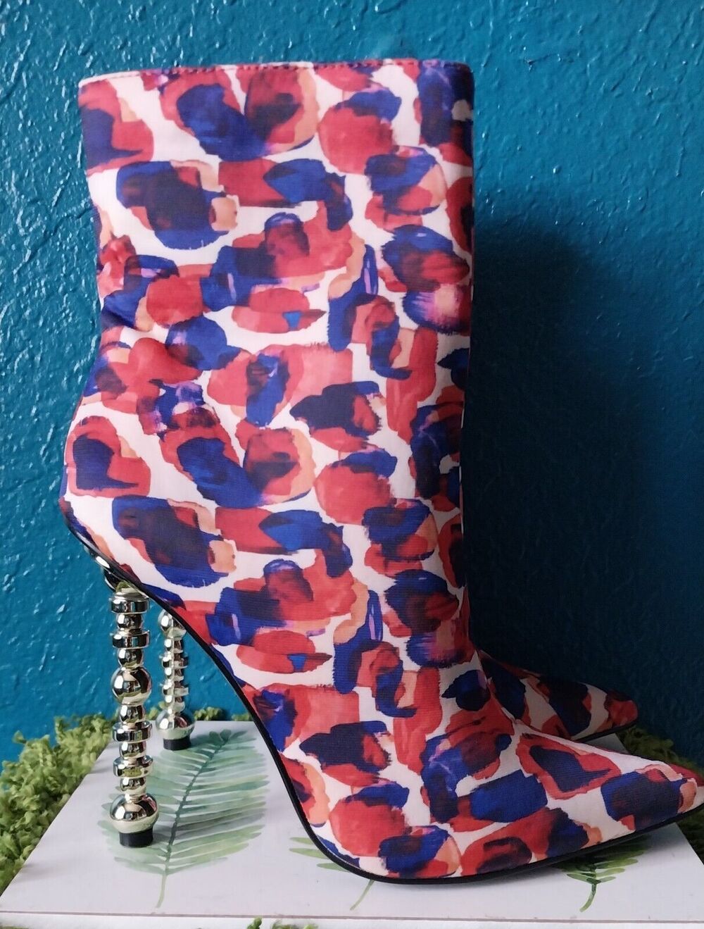 Cape Robbin Metal Heel Blue Pink Print Pointy Toe Ankle Boots Shawna Sz 7.5